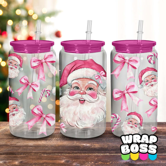 Pink Bow Santa | UV DTF 16oz Can Wrap